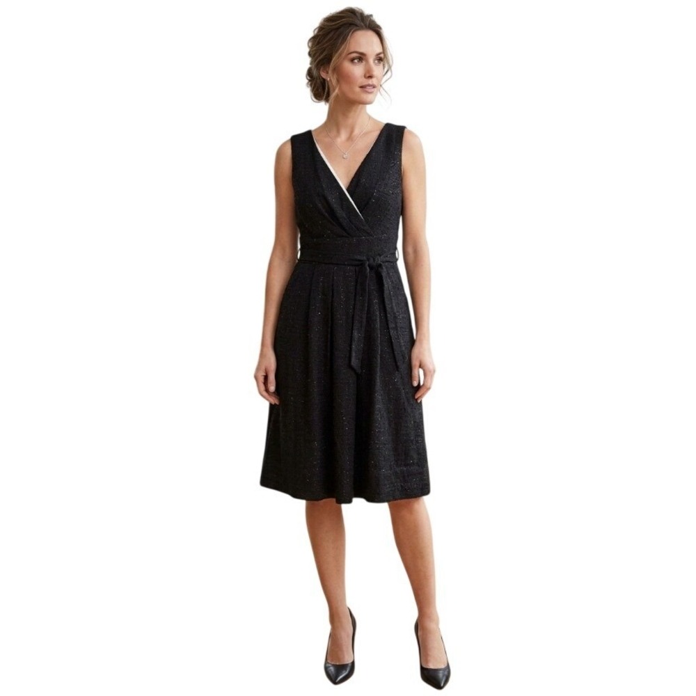 Talbots Womens Black Textured V-Neck Fit & Flare Dress Size 12 Belted